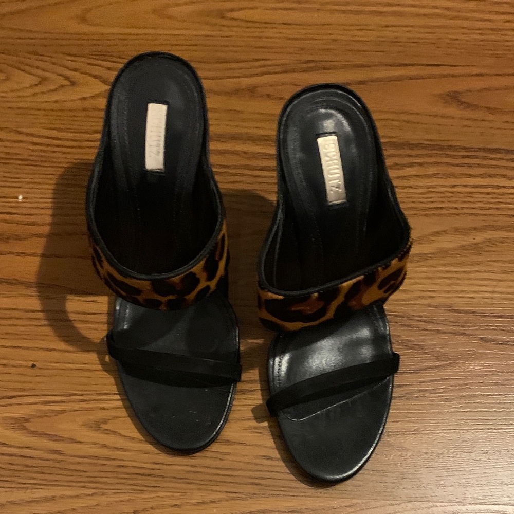SCHUTZ Black and Leopard Print Mules